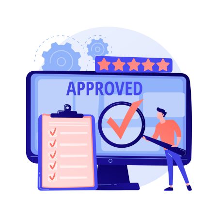Expert approved. Cartoon character holding checkmark symbol on hand. Finished task, done sign. Satisfactory, official sanction, acceptance. Vector isolated concept metaphor illustration